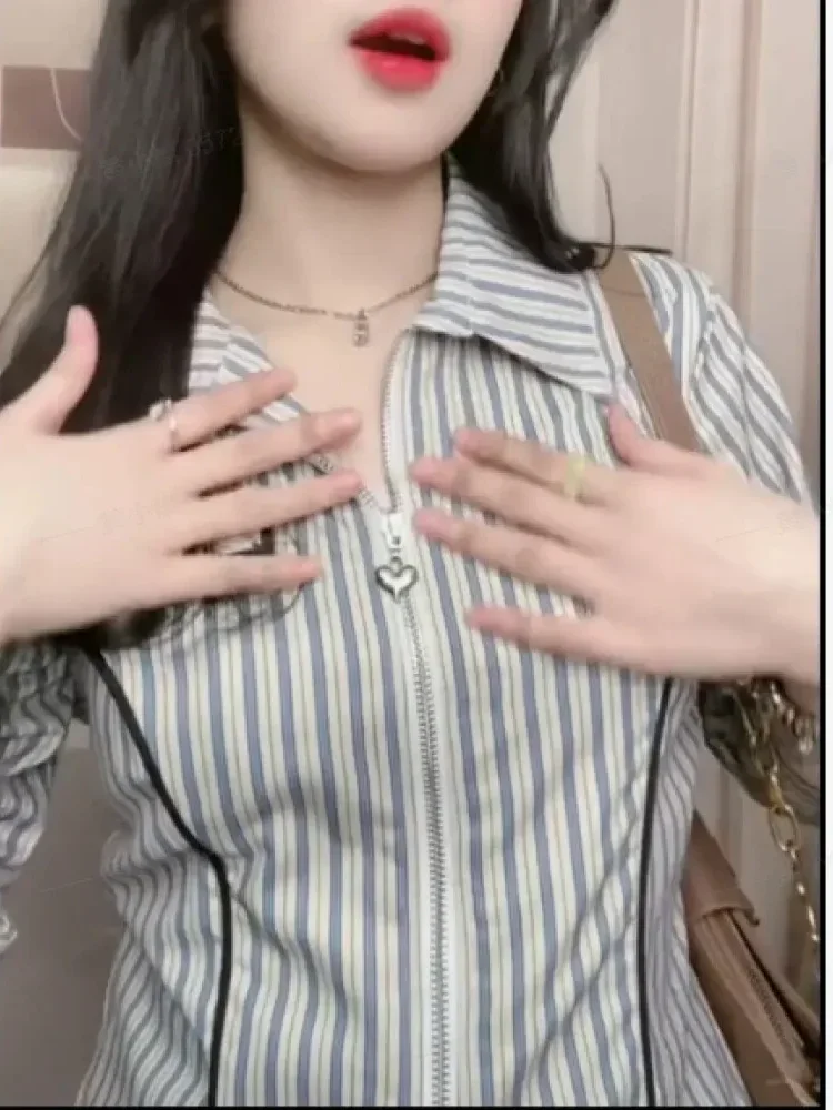 [NEW]FADFAD Atasan kemeja lengan panjang panjang garis-garis modis untuk wanita