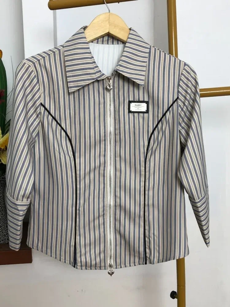 [NEW]FADFAD Atasan kemeja lengan panjang panjang garis-garis modis untuk wanita