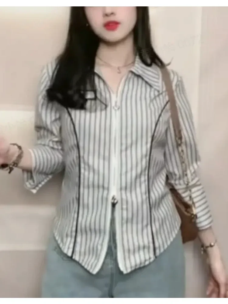 [NEW]FADFAD Atasan kemeja lengan panjang panjang garis-garis modis untuk wanita