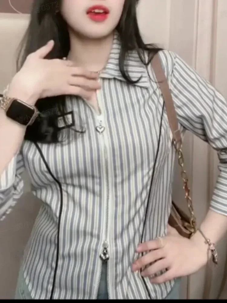 [NEW]FADFAD Atasan kemeja lengan panjang panjang garis-garis modis untuk wanita