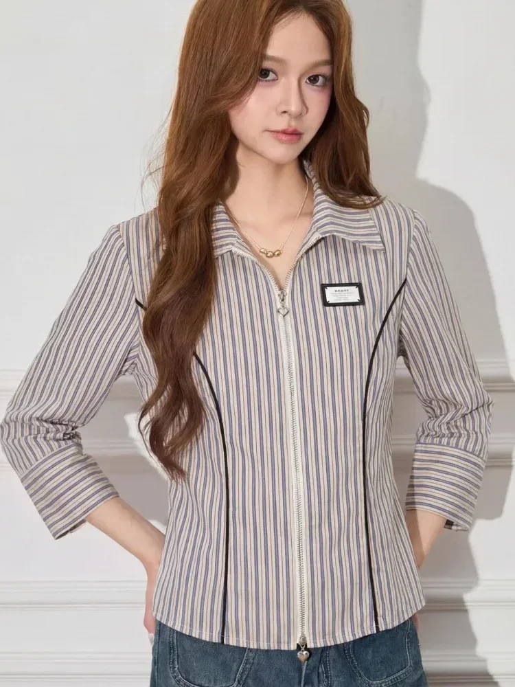 [NEW]FADFAD Atasan kemeja lengan panjang panjang garis-garis modis untuk wanita