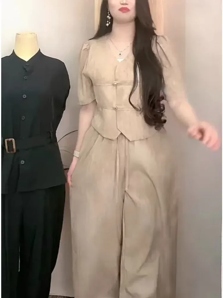 FADFAD Setelan atasan lengan pendek + celana panjang bermotif dengan gaya kasual untuk wanita