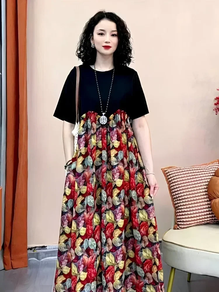 FADFAD Gaun kasual lengan pendek motif cetak leher bulat rok panjang untuk wanita