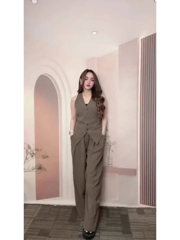 FADFAD Setelan dua potong atasan retro rompi tanpa lengan dan celana kaki lebar