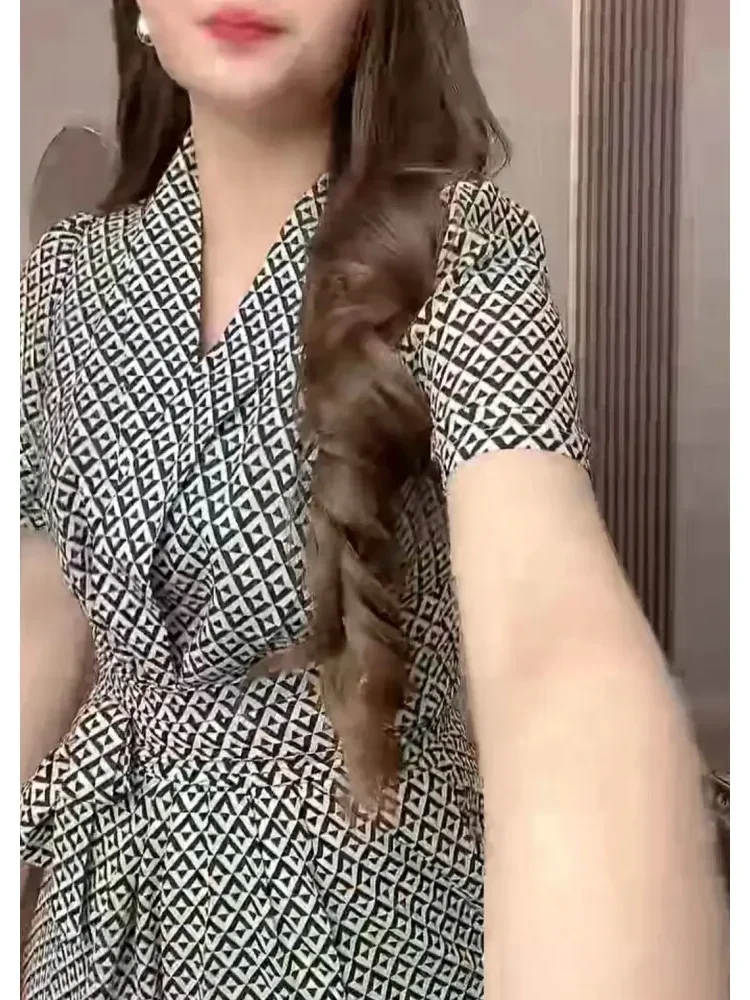 [DISKON KILAT]FADFAD Setelan wanita dua potong atasan lengan pendek kerah v dengan ikat pinggang dan celanapanjang longgar motif cetak casual
