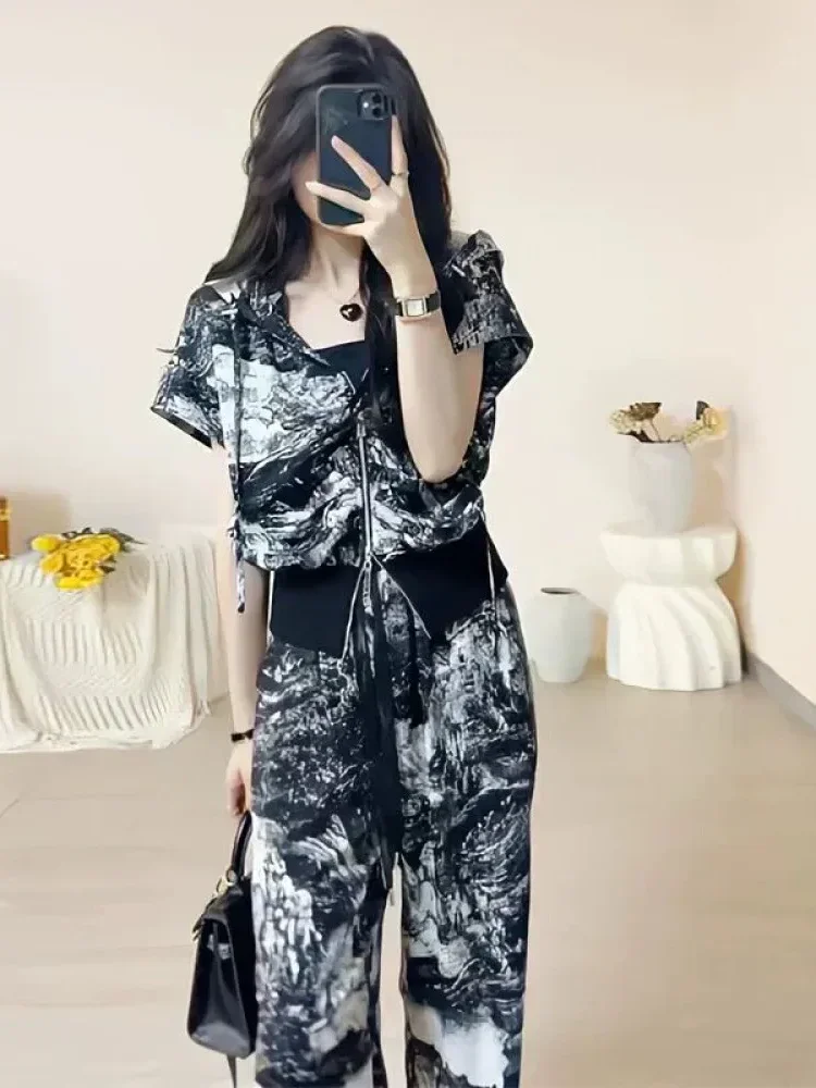 FADFAD Setelan dua potong motif cetak unik ritsleting dan lengan pendek  + celana panjang kaki lebar