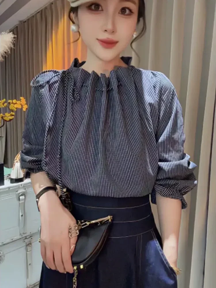 [DISKON KILAT]FADFAD Atasan lengan panjang kerah bulat motif bergaris gaya kekinian untuk wanita