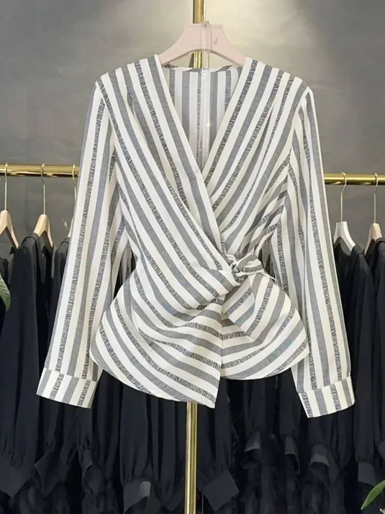 [CUCI GUDANG]FADFAD Atasan kemeja pinggang ramping kerah v motif bergaris gaya korea