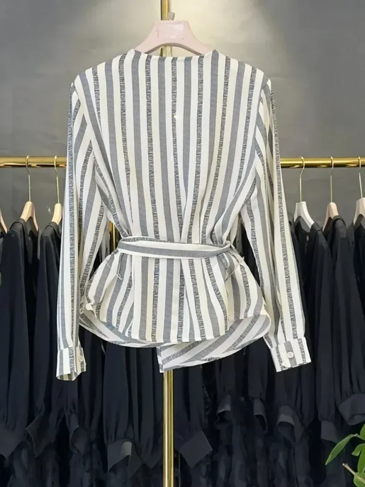 [CUCI GUDANG]FADFAD Atasan kemeja pinggang ramping kerah v motif bergaris gaya korea