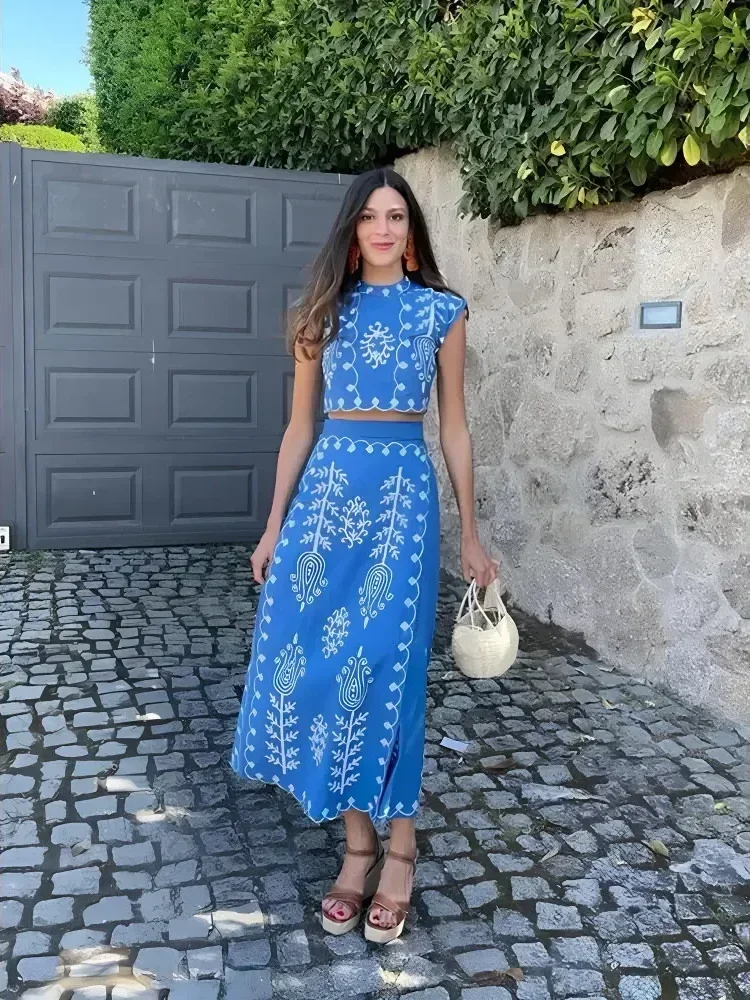 FADFAD Setelan dua potong untuk wanita atasan tanpa lengan dan rok panjang cocok untuk liburan