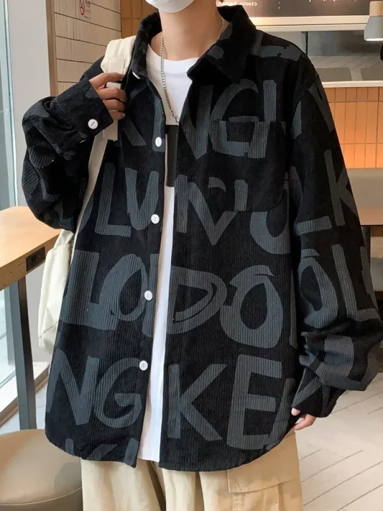 MODISH Kemeja lengan panjang korduroi pria, potongan longgar, motif serbaguna