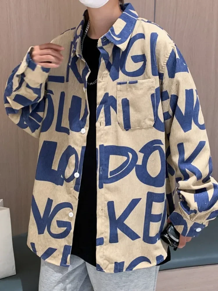 MODISH Kemeja lengan panjang korduroi pria, potongan longgar, motif serbaguna