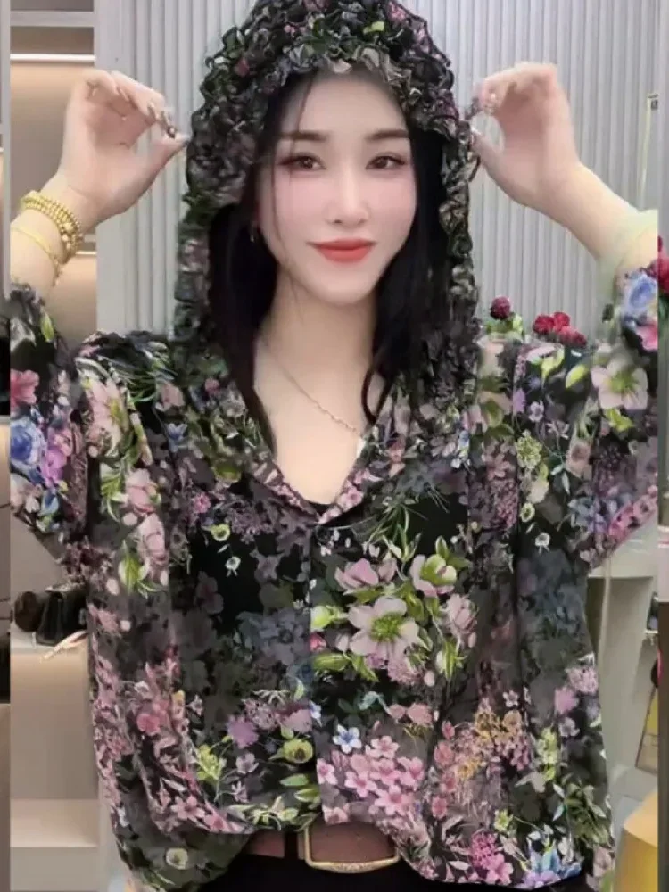 [DISKON KILAT]FADFAD Fashionable floral hooded thin shirt top for women