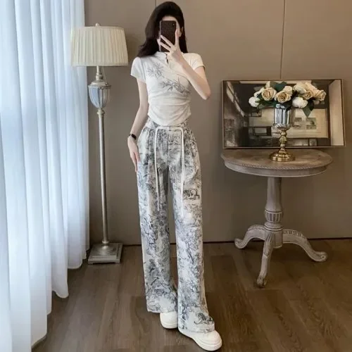 [NEW]FADFAD Setelan wanita atasan lengan pendek minimalis dan celana panjang high waist motif cetak