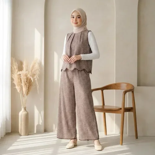 [READY STOCK]CHICMORE Setelan dua potong motif kotak kotak warna kontras celana pinggang ramping