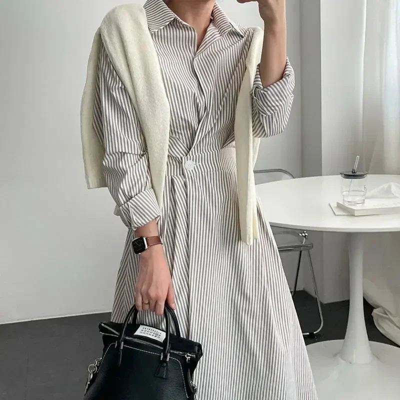 [NEW]FADFAD Gaun wanita motif bergaris rok panjang berkerah lengan panjang gaya kasual