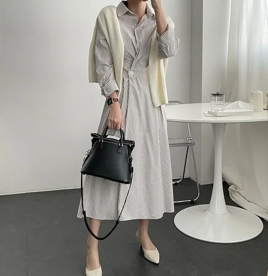 [NEW]FADFAD Gaun wanita motif bergaris rok panjang berkerah lengan panjang gaya kasual