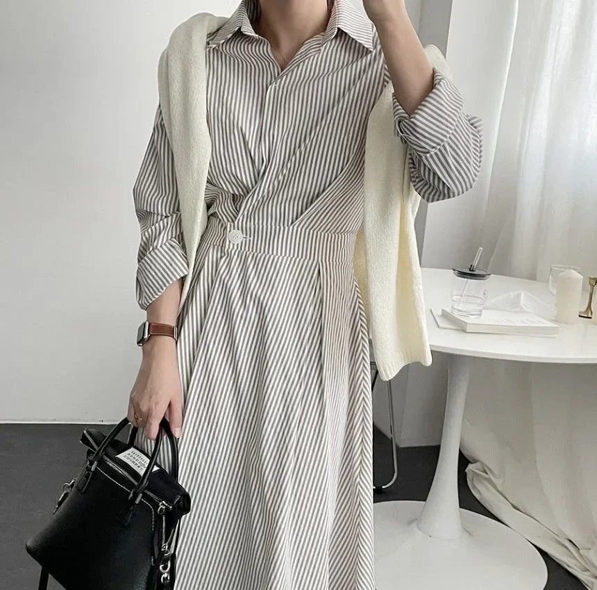 [NEW]FADFAD Gaun wanita motif bergaris rok panjang berkerah lengan panjang gaya kasual