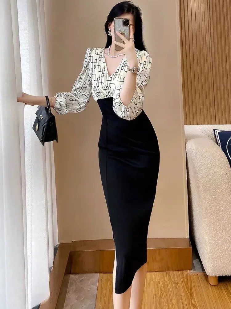 FADFAD Gaun elegant motif print ramping untuk wanita lengan panjang dengan kerah v gaya casual modis