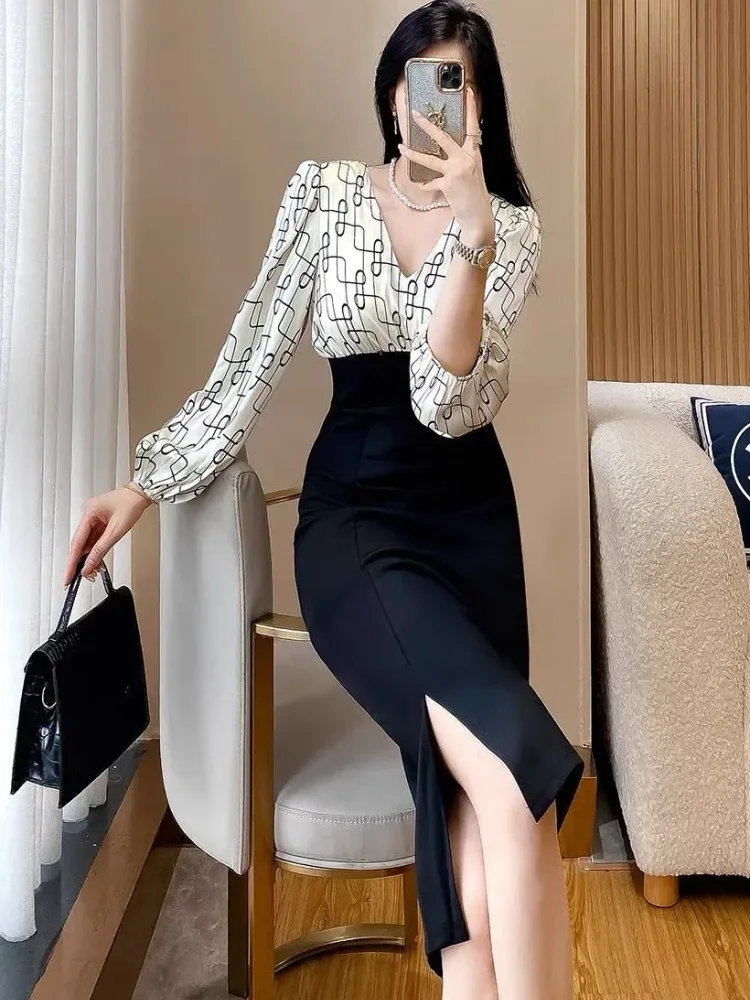 FADFAD Gaun elegant motif print ramping untuk wanita lengan panjang dengan kerah v gaya casual modis