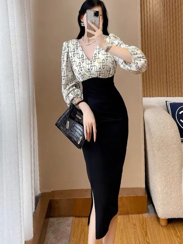 FADFAD Gaun elegant motif print ramping untuk wanita lengan panjang dengan kerah v gaya casual modis
