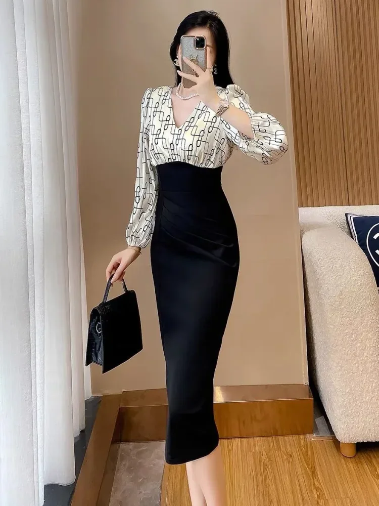 FADFAD Gaun elegant motif print ramping untuk wanita lengan panjang dengan kerah v gaya casual modis