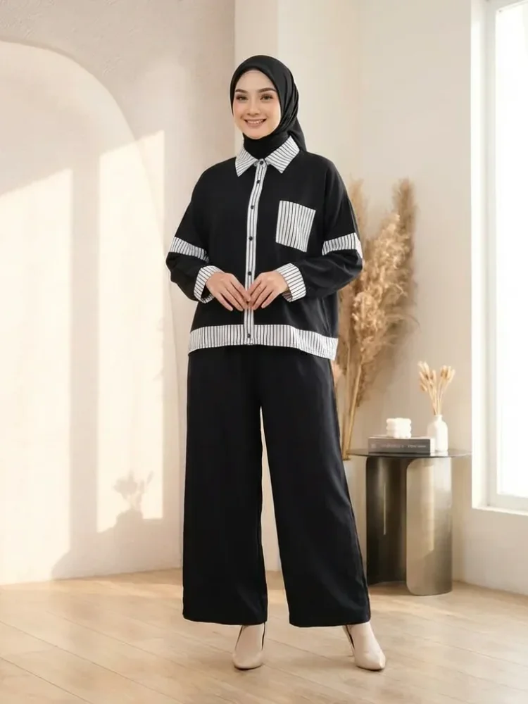 [READY STOCK]ASAYA Setelan dua potong wanita baru, kemeja tambal sulam bergaris dan celana panjang