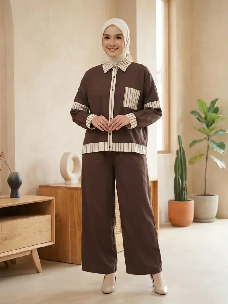 [READY STOCK]ASAYA Setelan dua potong wanita baru, kemeja tambal sulam bergaris dan celana panjang