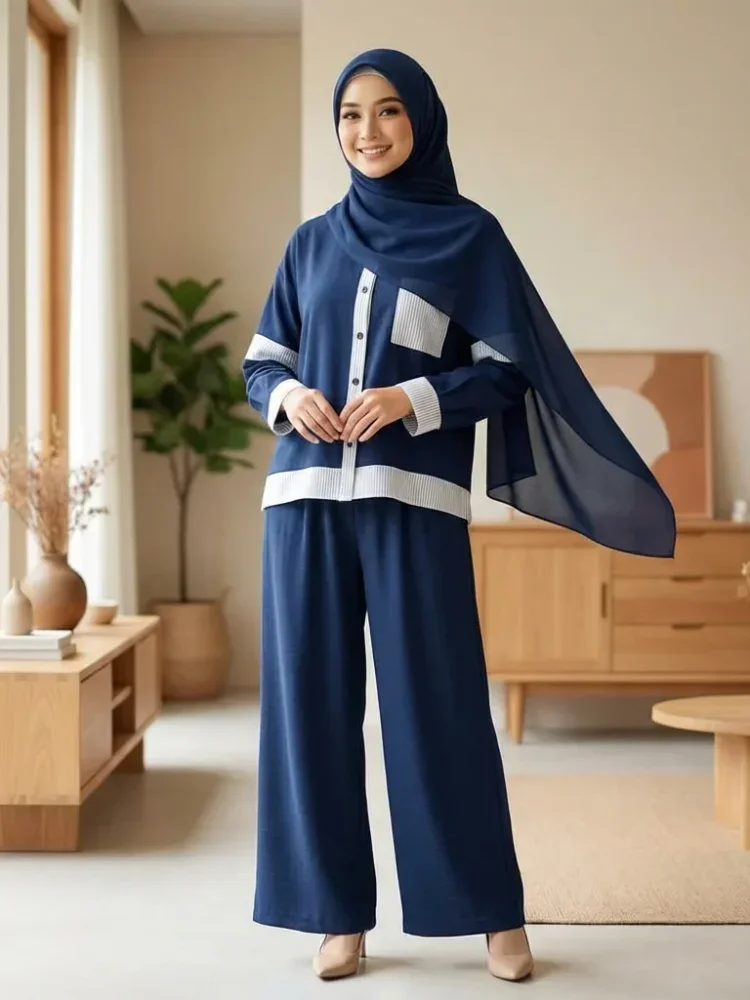 [READY STOCK]ASAYA Setelan dua potong wanita baru, kemeja tambal sulam bergaris dan celana panjang