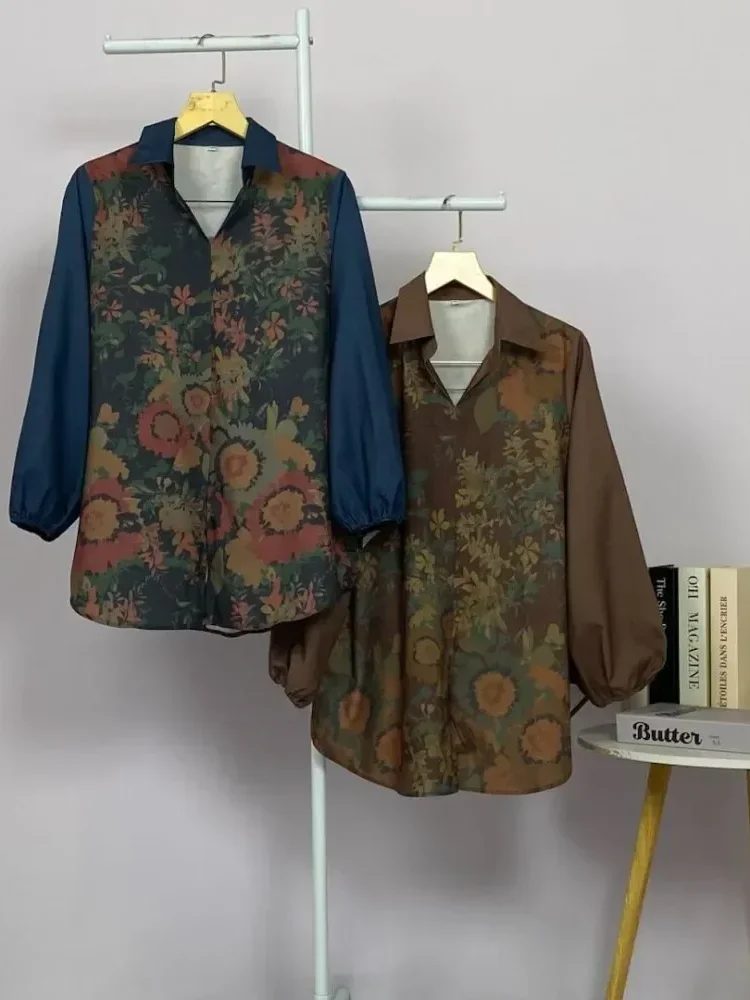 [NEW]ASAYA Atasan gaya retro kerah v model longgar motif cetak untuk wanita