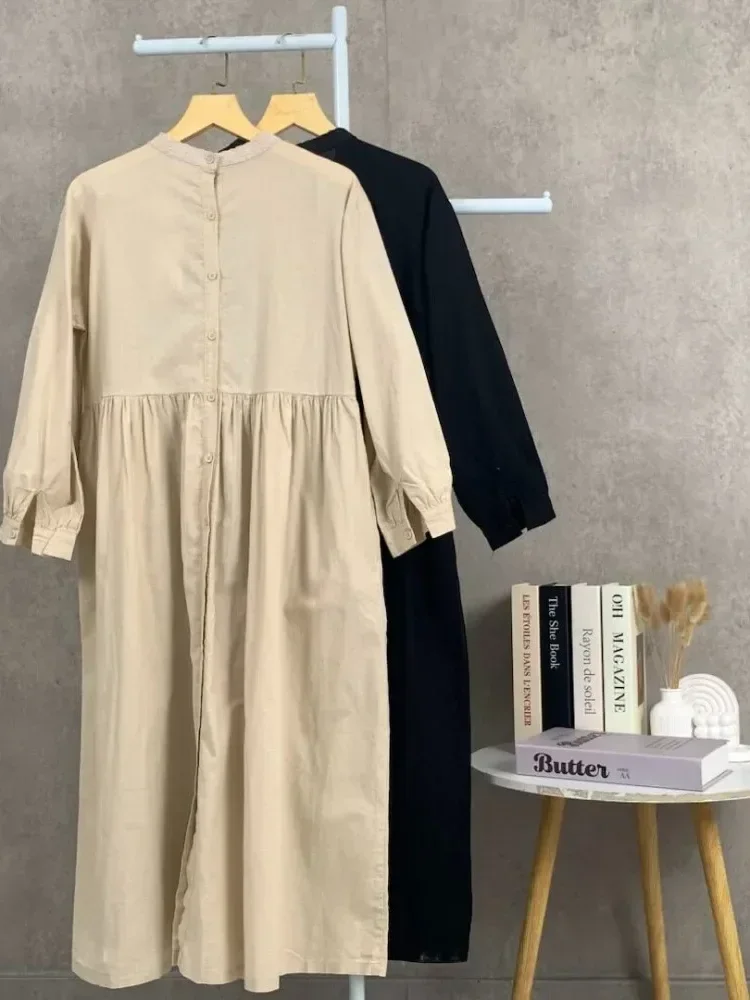 CHICMORE Gaun gaya baru berlengan panjang dengan kerah bulat manis model lipit kekinian