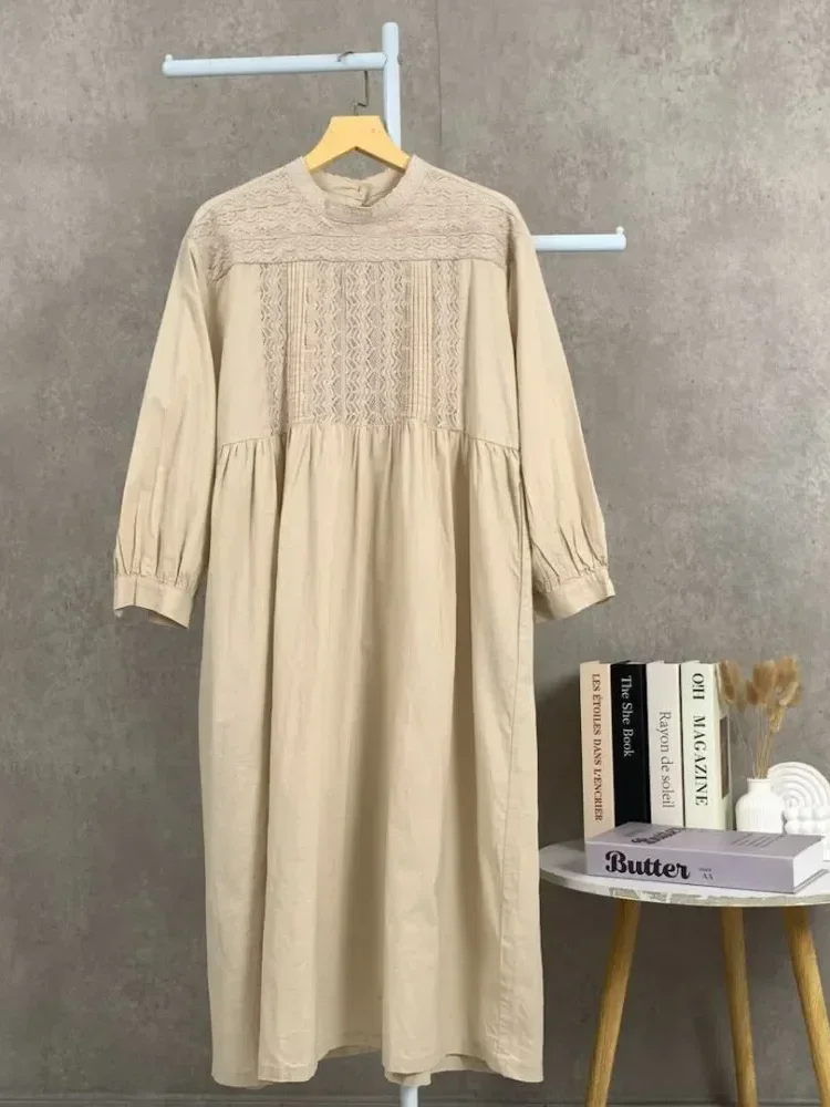 CHICMORE Gaun gaya baru berlengan panjang dengan kerah bulat manis model lipit kekinian