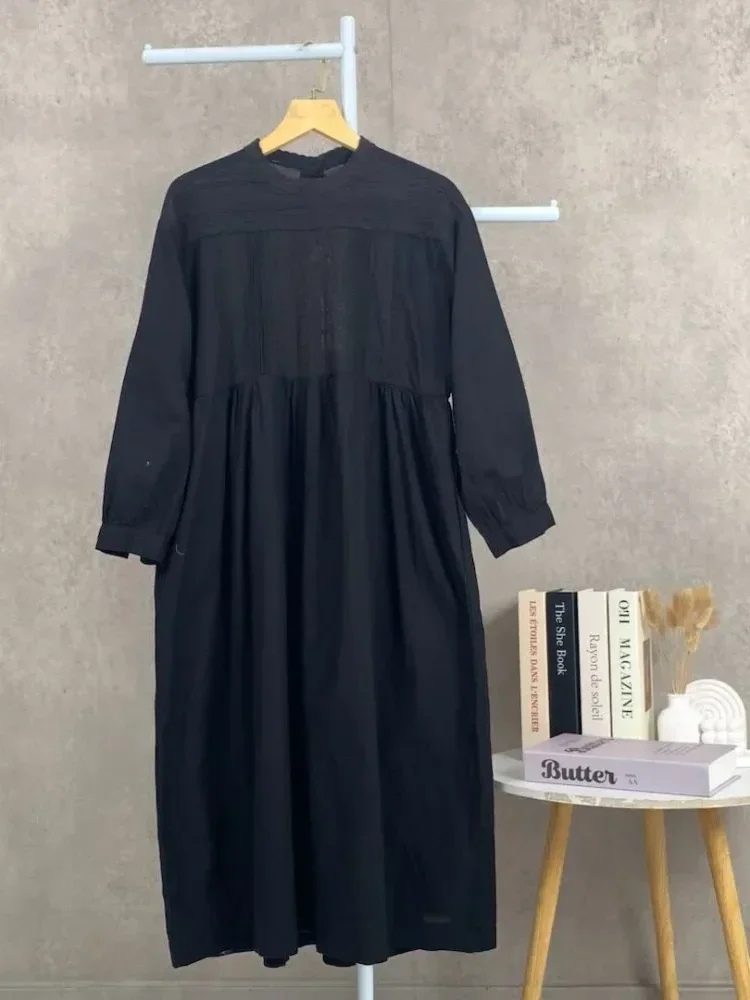 CHICMORE Gaun gaya baru berlengan panjang dengan kerah bulat manis model lipit kekinian