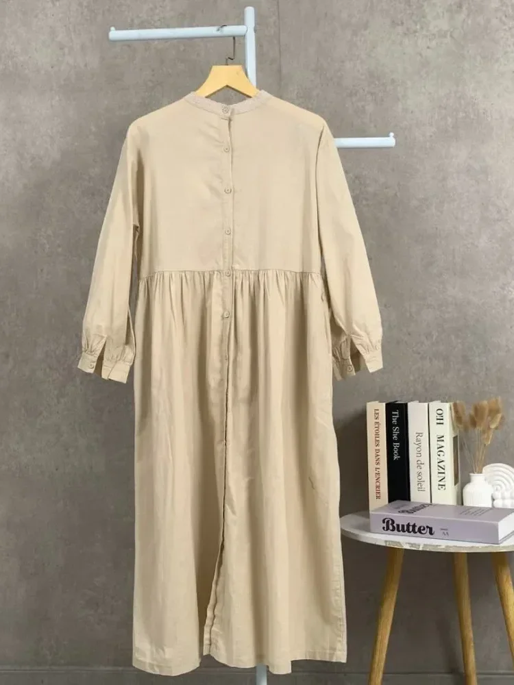 CHICMORE Gaun gaya baru berlengan panjang dengan kerah bulat manis model lipit kekinian