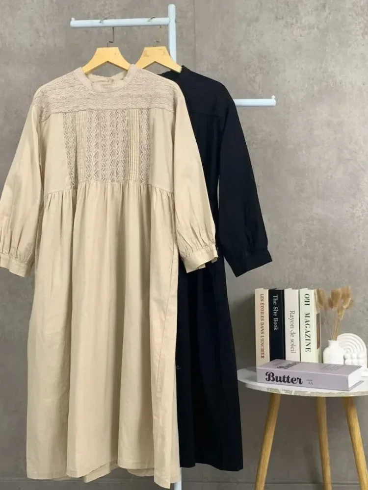 CHICMORE Gaun gaya baru berlengan panjang dengan kerah bulat manis model lipit kekinian