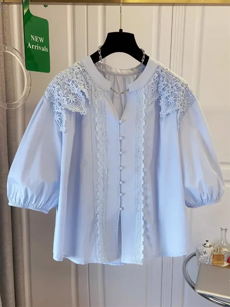 [NEW]CHICMORE Atasan wanita desain renda gaya retro lengan tiga perempat