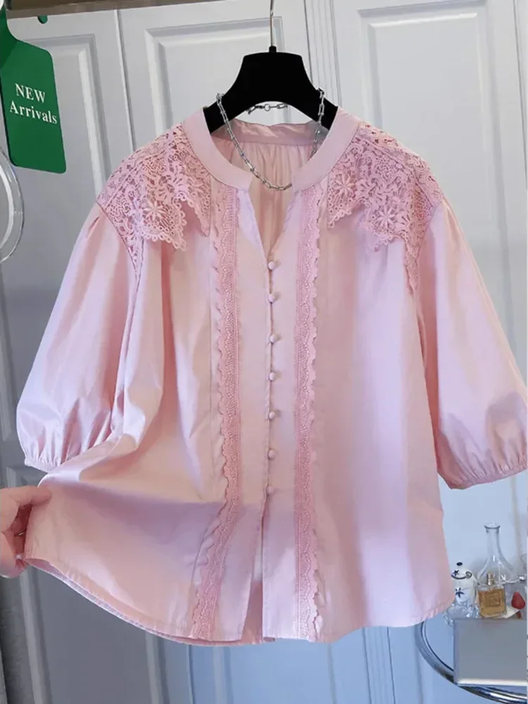 [NEW]CHICMORE Atasan wanita desain renda gaya retro lengan tiga perempat