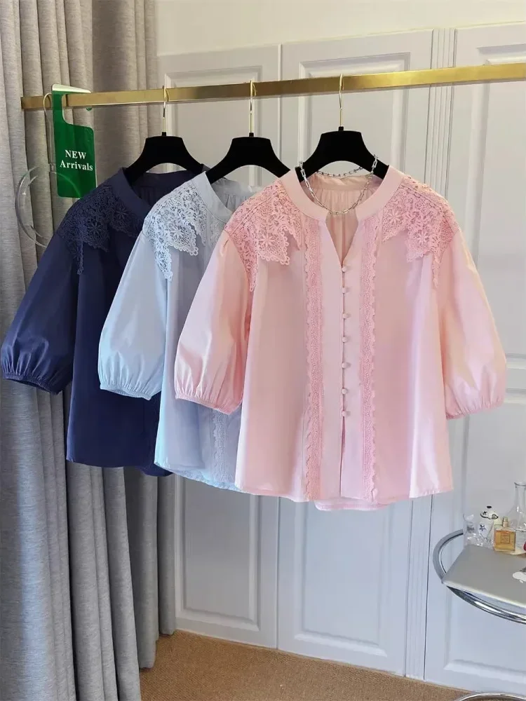 [NEW]CHICMORE Atasan wanita desain renda gaya retro lengan tiga perempat