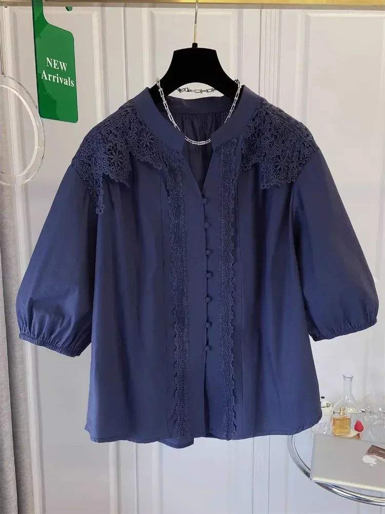 [NEW]CHICMORE Atasan wanita desain renda gaya retro lengan tiga perempat