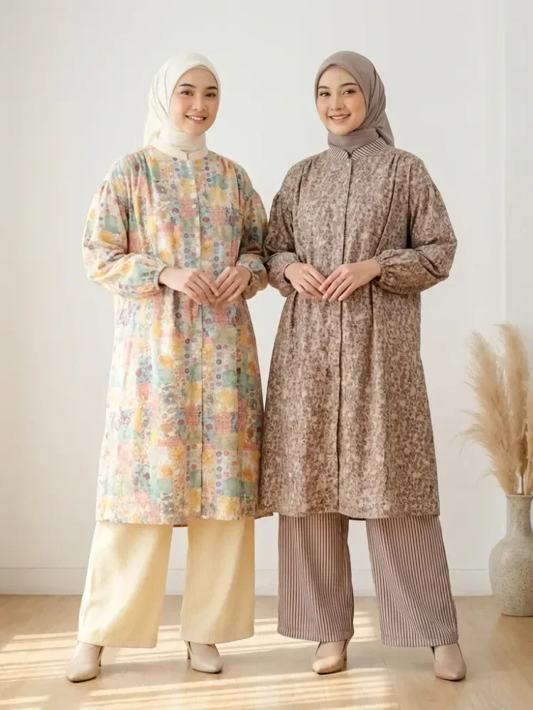 [NEW]CHICMORE Setelan dua potong wanita panjang dengan atasan kotak-kotak lengan balon dan celana panjang