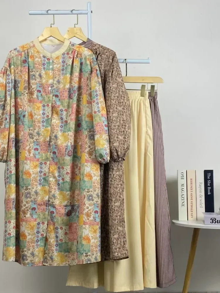 [NEW]CHICMORE Setelan dua potong wanita panjang dengan atasan kotak-kotak lengan balon dan celana panjang