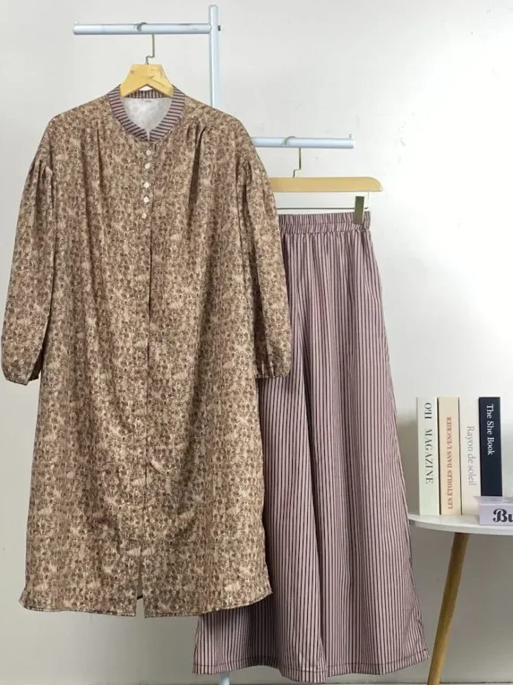 [NEW]CHICMORE Setelan dua potong wanita panjang dengan atasan kotak-kotak lengan balon dan celana panjang