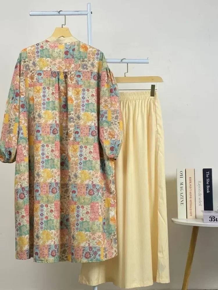 [NEW]CHICMORE Setelan dua potong wanita panjang dengan atasan kotak-kotak lengan balon dan celana panjang