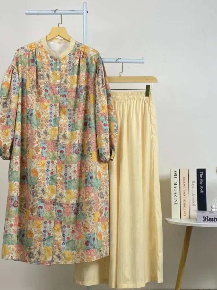 [NEW]CHICMORE Setelan dua potong wanita panjang dengan atasan kotak-kotak lengan balon dan celana panjang