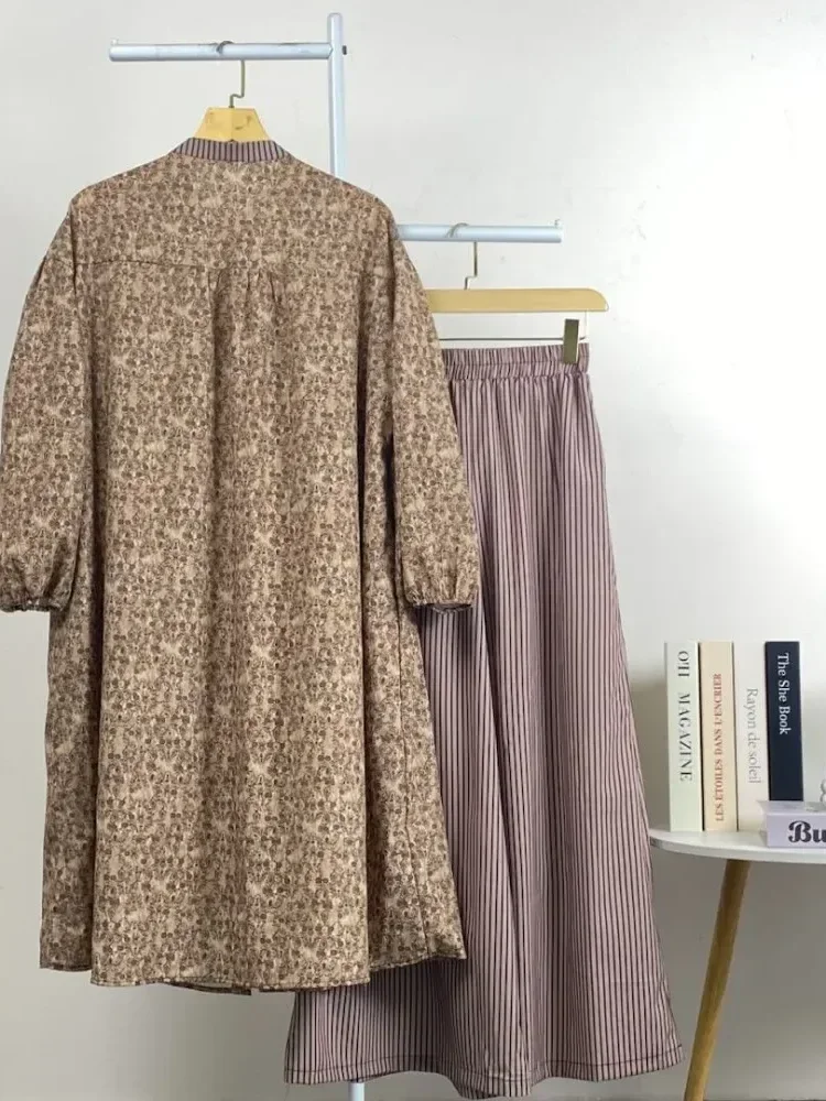 [NEW]CHICMORE Setelan dua potong wanita panjang dengan atasan kotak-kotak lengan balon dan celana panjang