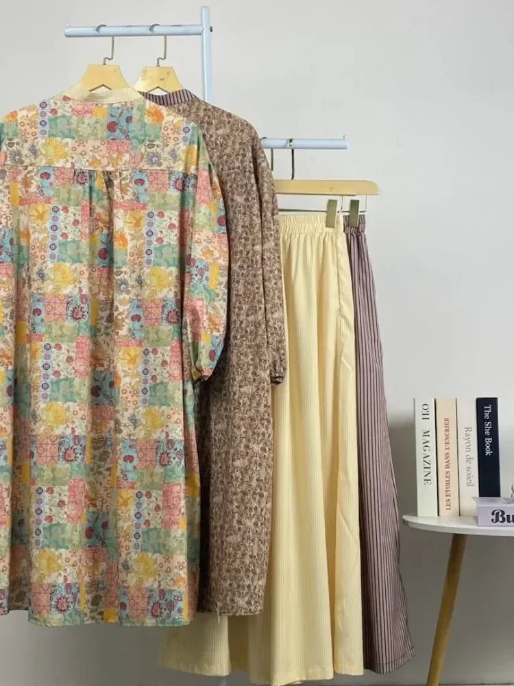 [NEW]CHICMORE Setelan dua potong wanita panjang dengan atasan kotak-kotak lengan balon dan celana panjang