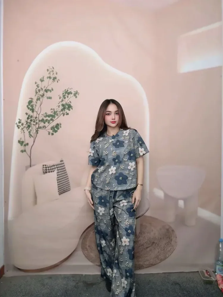 FADFAD Setelan atasan blouse lengan pendek dan celana motif kotak kotak untuk wanita
