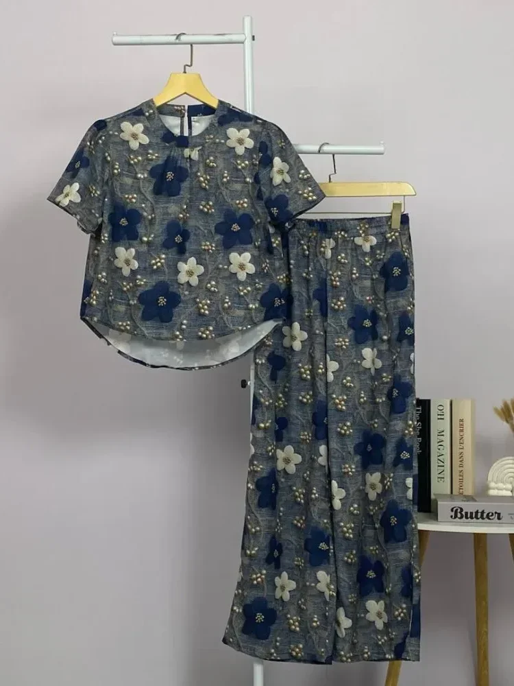 FADFAD Setelan atasan blouse lengan pendek dan celana motif kotak kotak untuk wanita