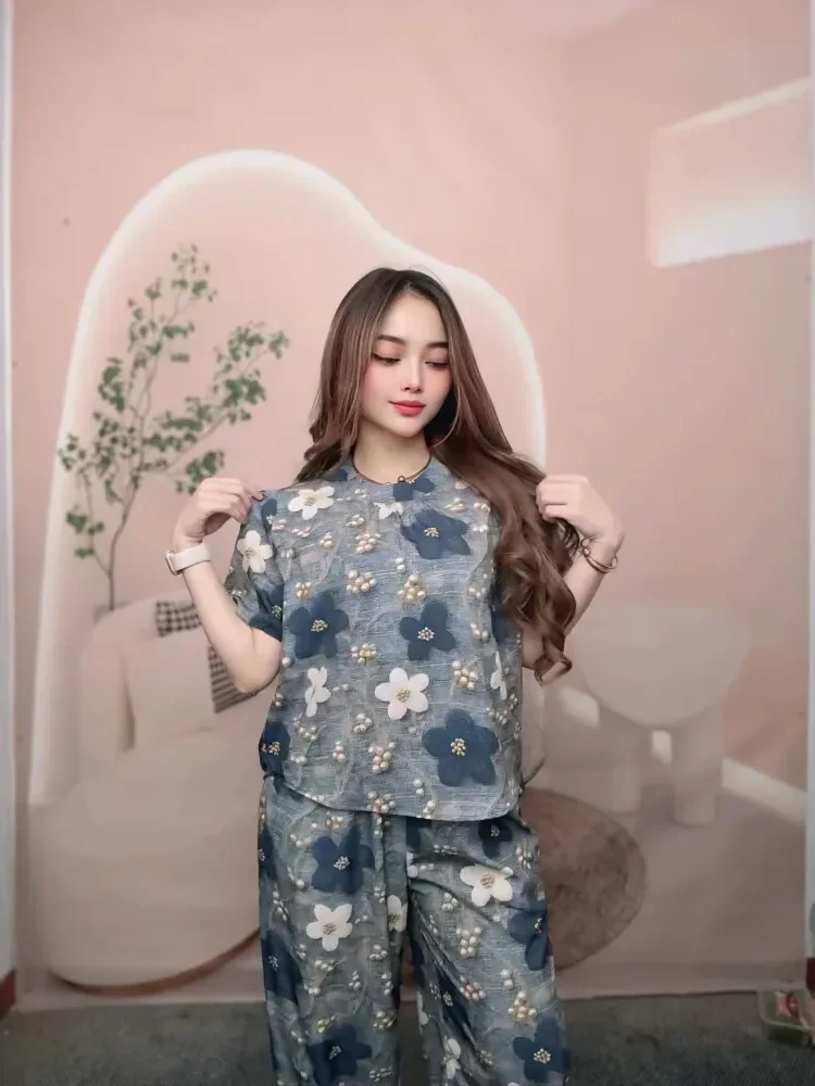 FADFAD Setelan atasan blouse lengan pendek dan celana motif kotak kotak untuk wanita