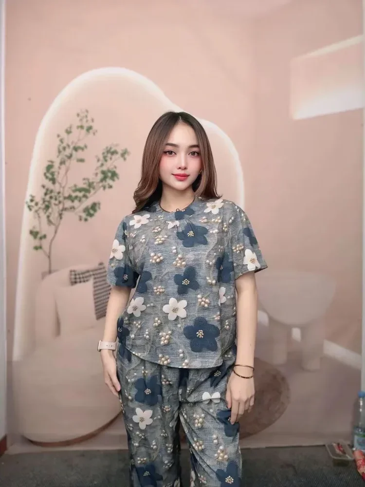 FADFAD Setelan atasan blouse lengan pendek dan celana motif kotak kotak untuk wanita
